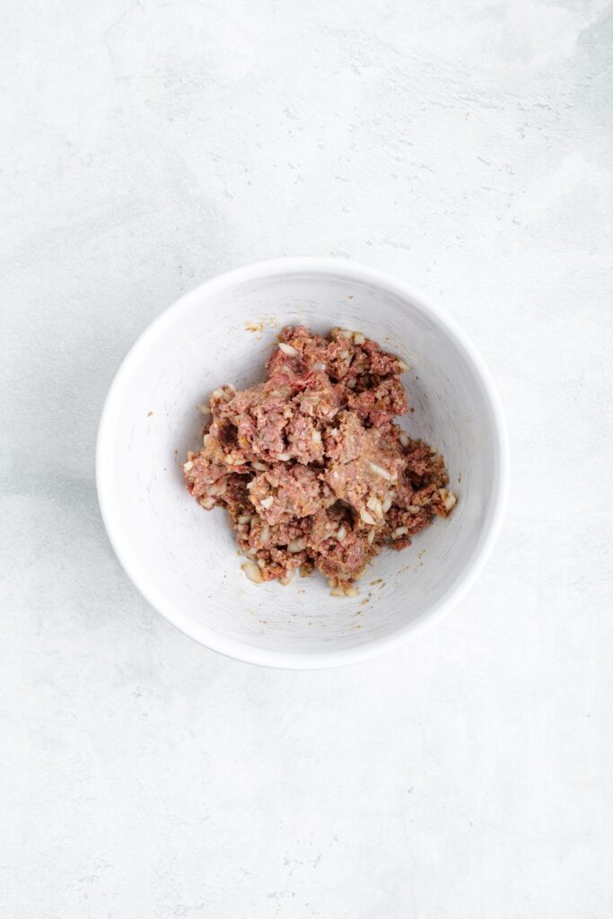 White bowl with raw ground meat and chopped onions on a light gray surface.