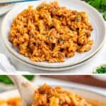 Close-up of sloppy joe pasta with rotini noodles, ground beef in tomato sauce, and fresh herb garnish.