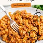 Sloppy joe pasta topped with parsley on a plate, fork beside it, and text highlighting a one pot stovetop recipe.