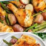 Roasted chicken drumsticks, red potatoes, and asparagus on a white plate and sheet pan, garnished with parsley.