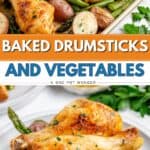 Baked chicken drumsticks, red potatoes, and asparagus on a plate, garnished with fresh parsley.