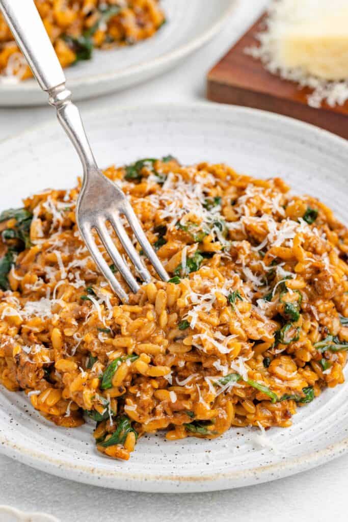 One Pot Sausage and Orzo with spinach, tomato sauce, and grated cheese on a plate; fork resting alongside.