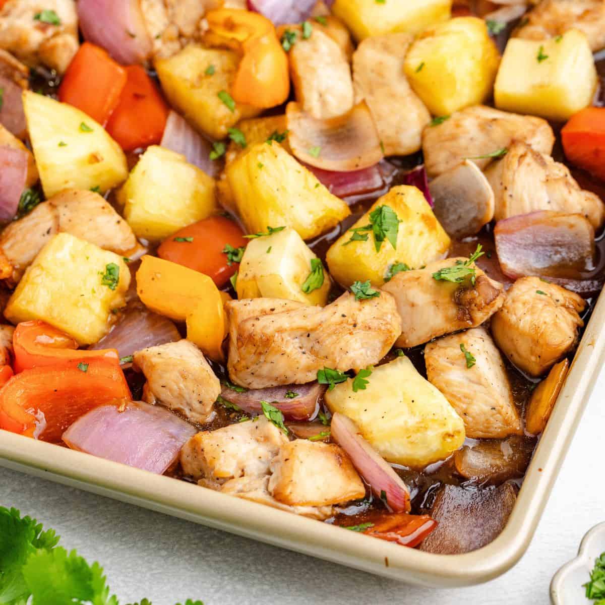 Hawaiian Chicken Sheet Pan with Roasted Vegetables and Pineapple