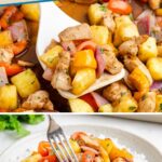 Hawaiian chicken with pineapple, peppers, and onions served over white rice with a fork on the plate.