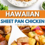 Bowl of Hawaiian sheet pan chicken with rice, pineapple, red onion, and bell peppers.