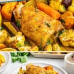 Roasted chicken with carrots, cauliflower, and potatoes on a sheet pan; also shown plated with herbs.
