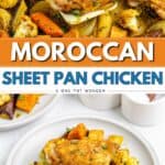 Moroccan sheet pan chicken with roasted cauliflower, carrots, and potatoes, served on a white plate and tray.