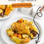 Moroccan chicken with roasted carrots, cauliflower, and potatoes on a plate, with text for a sheet pan dinner recipe.