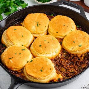 One pan sloppy Joe casserole with biscuits.