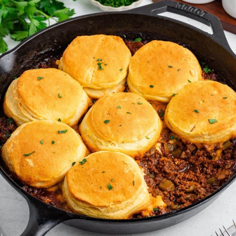 One pan sloppy Joe casserole with biscuits.