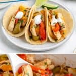 Three chicken fajita tacos with bell peppers and sour cream, lime on the side, plus crockpot chicken close-up.