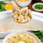 Bowl of creamy chicken white chili soup garnished with tortilla strips, cheese, and lime, wooden spoon lifting portion.