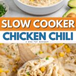 Creamy chicken chili in a bowl with toppings and a wooden ladle lifting a portion from the pot.