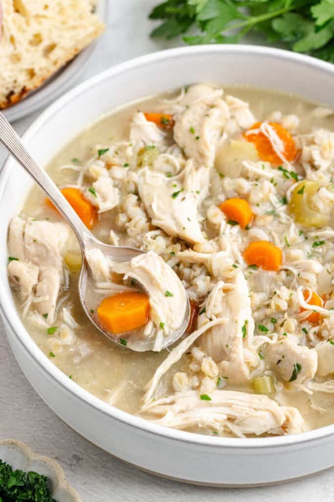 Chicken and barley soup with carrots and celery in a bowl, garnished with herbs, spoon lifting a portion.