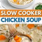Bowl of chicken soup with shredded chicken, carrots, celery, a wooden ladle, and bread on the side.