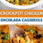 Chicken enchilada casserole in a white crockpot, topped with jalapeƱos and black olives, wooden spoon inside.