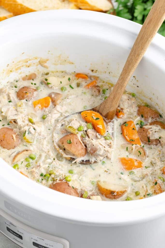 Slow cooker chicken stew with carrots, peas, potatoes, herbs; wooden spoon stirs mixture.