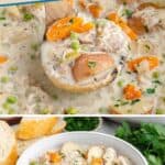Creamy chicken stew with potatoes, peas, and carrots in bowl and pot, served with bread, parsley garnish.