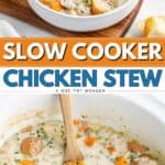 Creamy chicken stew with vegetables in a bowl and pot, served with sliced bread on the side.