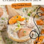 Wooden spoon scooping chicken stew with carrots and peas from slow cooker, recipe and dinner text overlays.