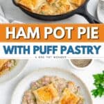 Ham pot pie with golden puff pastry squares in a cast iron skillet and on a plate.