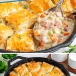 Leftover ham pot pie in a cast-iron skillet topped with golden puff pastry squares.