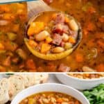 A wooden spoon lifts ham and white bean soup above a bowl of soup and bread.