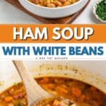 A wooden spoon lifts a serving of ham and white bean soup from a bowl.