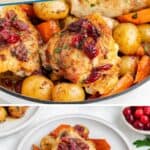 Roasted cranberry chicken served with potatoes and carrots in a skillet.