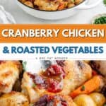 Roasted chicken, potatoes, and carrots with a cranberry glaze in a white casserole dish.